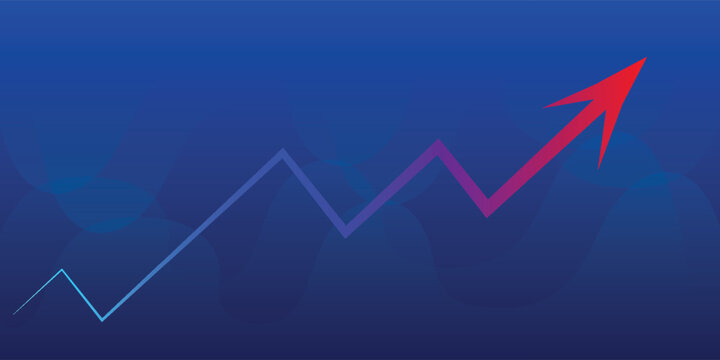 Upward trending line graph with a red arrow indicating positive growth on a blue background.