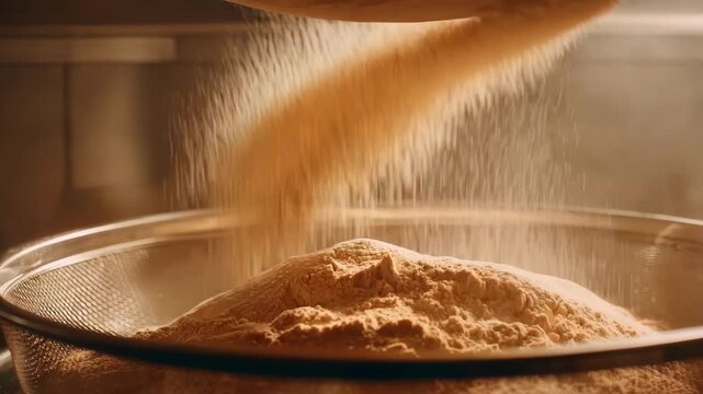Closeup medium shot of selfrising flour flowing through a sieve emphasizing even distribution of leavening agents for soft airy cakes.