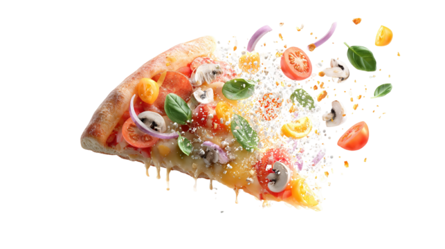 Pepperoni pizza slice with cheese pull on white background