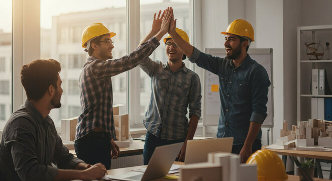 Diverse architects celebrating successful project milestone with high fives in modern office space - Powered by Adobe