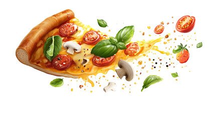 Pepperoni pizza slice with cheese pull on white background