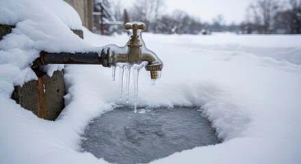 Winter freeze shows frozen tap with icicles hanging, winter freeze covers outdoor spigot and frozen water. Winter freeze is harmful to environment because of global warming.