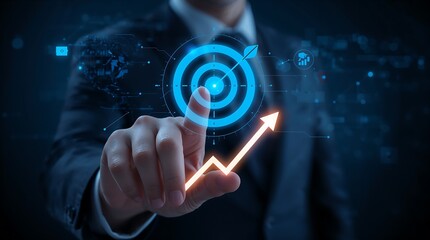 A virtual target icon with an arrow hitting the bullseye. Represents progress and performance improvement and symbolizing goal achievement, business growth, and success.