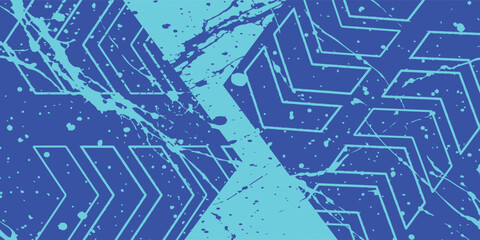 Abstract blue and cyan graphic background with chevron patterns and paint splatters.