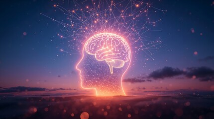 A human head outline with a bright, illuminated brain symbolizing creativity, intelligence, and innovation. Symbolizing ideas, learning, and digital connectivity.