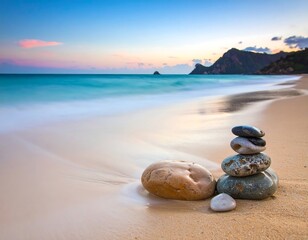 Serene beach scene with stacked stones, waves, and mountain backdrop
