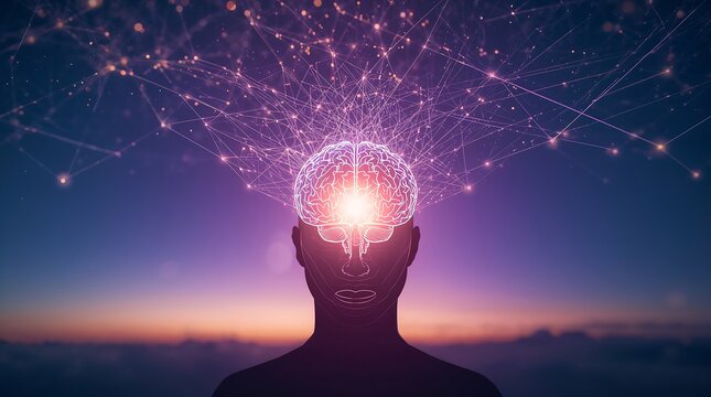 A human head outline with a bright, illuminated brain symbolizing creativity, intelligence, and innovation. Symbolizing ideas, learning, and digital connectivity.