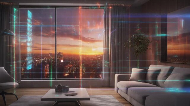 modern living room with a window animated virtual backgrounds, stream overlay loop, interior, cozy futuristic living room at sunset