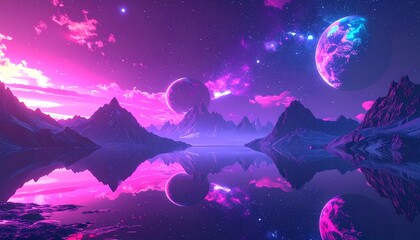 Vibrant Neon Dreamscape with Reflecting Planets and Mountains.