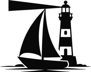 Sailing boat illuminated by a lighthouse beam at night silhouette