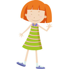Young Girl With Short Orange Hair Wearing A Green Striped Dress And Blue Shoes Waving With A Smile On Her Face And Closed Eyes Isolated On Transparent Background