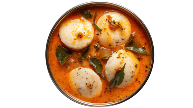 This image shows a bowl of South Indian idlis served with sambar. The idlis are soft, white, round steamed rice cakes placed in a flavorful, spicy lentil-based curry garnished with mustard seeds, curr