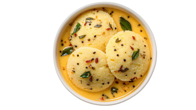 This image shows a bowl of South Indian idlis served with sambar. The idlis are soft, white, round steamed rice cakes placed in a flavorful, spicy lentil-based curry garnished with mustard seeds, curr
