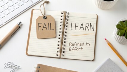 Open notebook with handwritten words "Fail Learn" and "Refined by Effort" surrounded by office supplies and a plant on a desk
