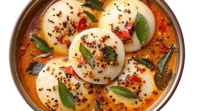 This image shows a bowl of South Indian idlis served with sambar. The idlis are soft, white, round steamed rice cakes placed in a flavorful, spicy lentil-based curry garnished with mustard seeds, curr