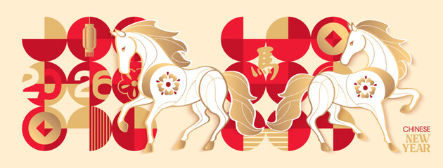 Chinese new year 2026 year of the Horse poster with zodiac sign. Asian style design. Concept for traditional holiday card, banner, poster, decor element.