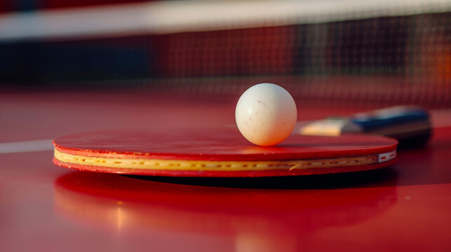Closeup of a ping pong paddle and ball on a red table - Powered by Adobe