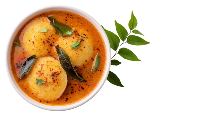 This image shows a bowl of South Indian idlis served with sambar. The idlis are soft, white, round steamed rice cakes placed in a flavorful, spicy lentil-based curry garnished with mustard seeds, curr