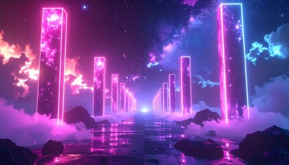 Vibrant Neon Pillars Reflecting on Water in a Dreamlike Landscape with Glowing Clouds.