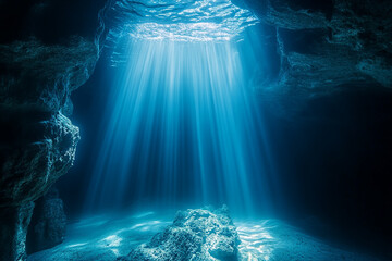deep underwater cave entrance, illuminated by shimmering beams of sunlight filtering through crystal-clear water