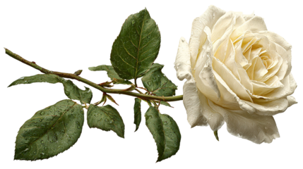 This image shows a beautiful white rose flower with green leaves. The rose is fully bloomed, symbolizing purity, innocence, and elegance. The petals are soft and delicate, and the contrast between the