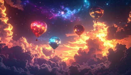 Naklejka premium Vibrant Hot Air Balloons Soaring Above Fiery Clouds in a Cosmic Night Sky.