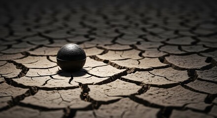 A Single Black Sphere Rests on Cracked Dry Earth.