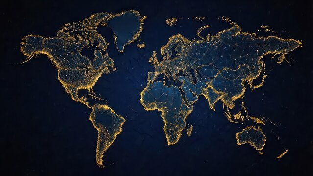 Illuminated world map showcasing global urbanization, connectivity, and technology