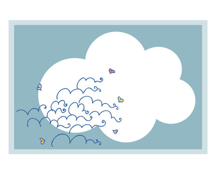 もくもく雲のイラスト　空のフレーム　コミュニケーションカード　装飾　文具　雑貨　背景　付箋　便箋　空白　ベクター　一言添える　紙　デザイン　ハート　青　夏