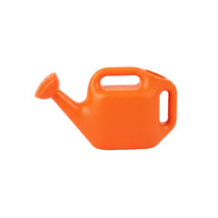Close up of an orange plastic watering can against a stark isolated studio backdrop, perfect for gardening and landscaping