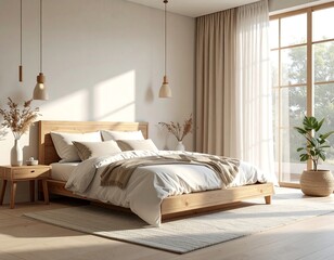 Serene bedroom with wooden bed, large window, and minimalist decor
