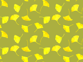 黄葉したイチョウの葉っぱのシームレスパターン　秋の植物の手描き水彩イラスト背景素材