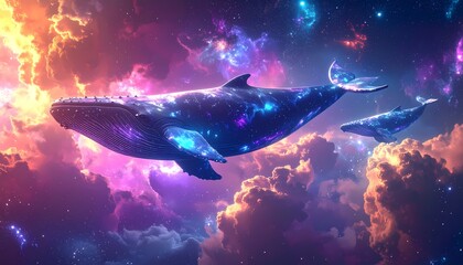 Cosmic Whales Soaring Through a Vibrant Nebula Sky.