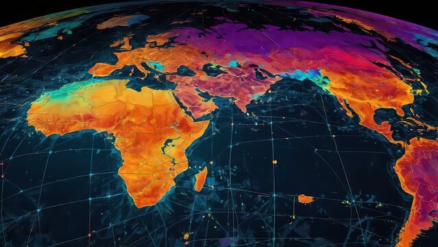 Vivid world map illustration displaying global connectivity and vibrant colors - Powered by Adobe
