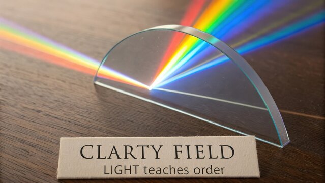 Prism Spectrum Demonstration on Wooden Table with Colorful Light Rays and Educational Sign About Light Analysis