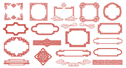 Elegant Chinese New Year frames and border elements for festive designs, creating a vibrant, traditional atmosphere for invitations and marketing materials