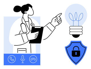 Doctor with clipboard pointing at a light bulb, shield with lock, and communication icons. Ideal for healthcare, telemedicine, security, innovation, technology consulting remote work. Simple flat