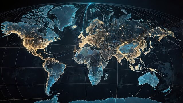 World map with city lights at night showing global connectivity and data
