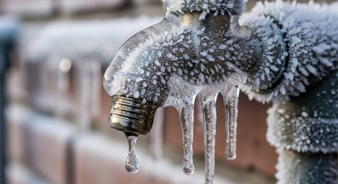 Frozen faucet on brick wall with a single water drop, highlighting damage caused by extreme winter weather. This frozen faucet shows effects of cold season and ice formation,