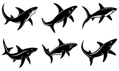 Obraz premium Majestic shark collection in dynamic poses, perfect for marine life designs, educational materials, or ocean-themed projects, originally vector graphics
