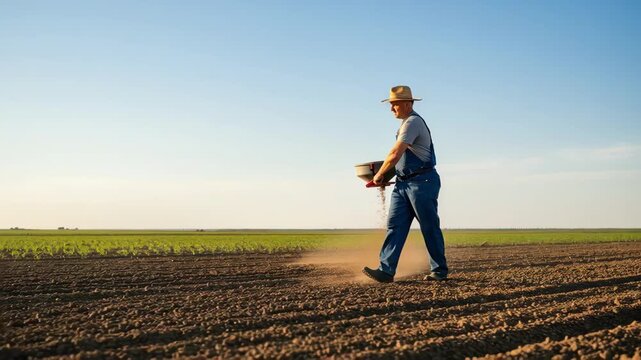 Medium shot showing broadcast seeding in action with seeds scattered evenly across a prepared agricultural plot under clear skies.