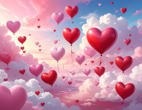 Romantic heart-shaped balloons float in a pastel sunset sky - Powered by Adobe