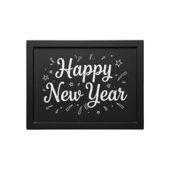 Obraz premium Festive Happy New Year Greetings on Framed Sign with Elegant White Lettering and Ornaments