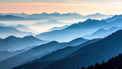 Serene Mountain Landscape With Layered Peaks And Hazy Valleys At Sunrise With Soft Orange And Blue Sky