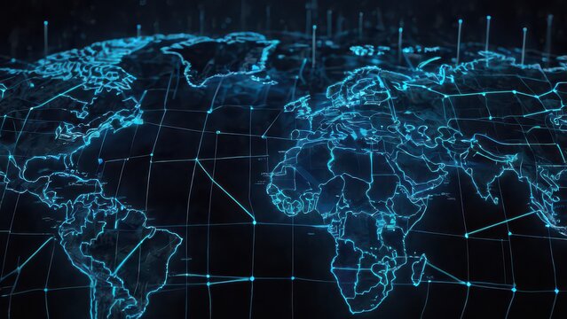 Digital world map with glowing blue lines showing global network connections - Powered by Adobe