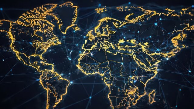 Global world map with network connection nodes and lines over dark background - Powered by Adobe