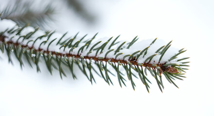 Delicate pine branch dusted with fresh winter snow, showcasing crisp green needles and frosty texture, evoking serene seasonal beauty.