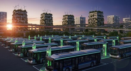 Electric buses in charging station under eco sustainable city show green energy infrastructure, renewable energy sources.