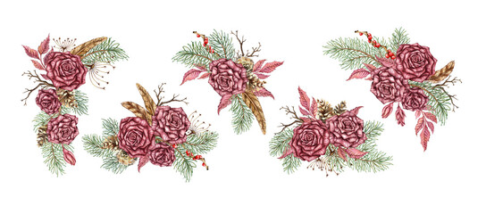 Burgundy roses, pine branches, cones, dried flowers, feather and berries set watercolor illustration. Winter New Year and Christmas bouquets, isolated from the background, perfect for holiday cards