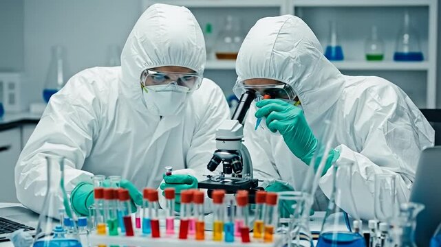 Scientific Research: Two diligent scientists, clad in protective gear, meticulously analyze samples through a microscope in a sterile laboratory setting.